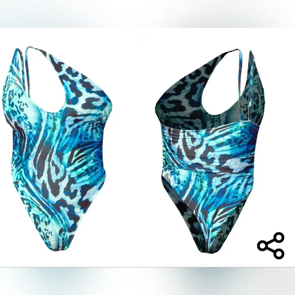 PrettyLittleThing- Blue Animal Print Pme Shoulder Cut Out Swimsuit - Picture 3 of 5